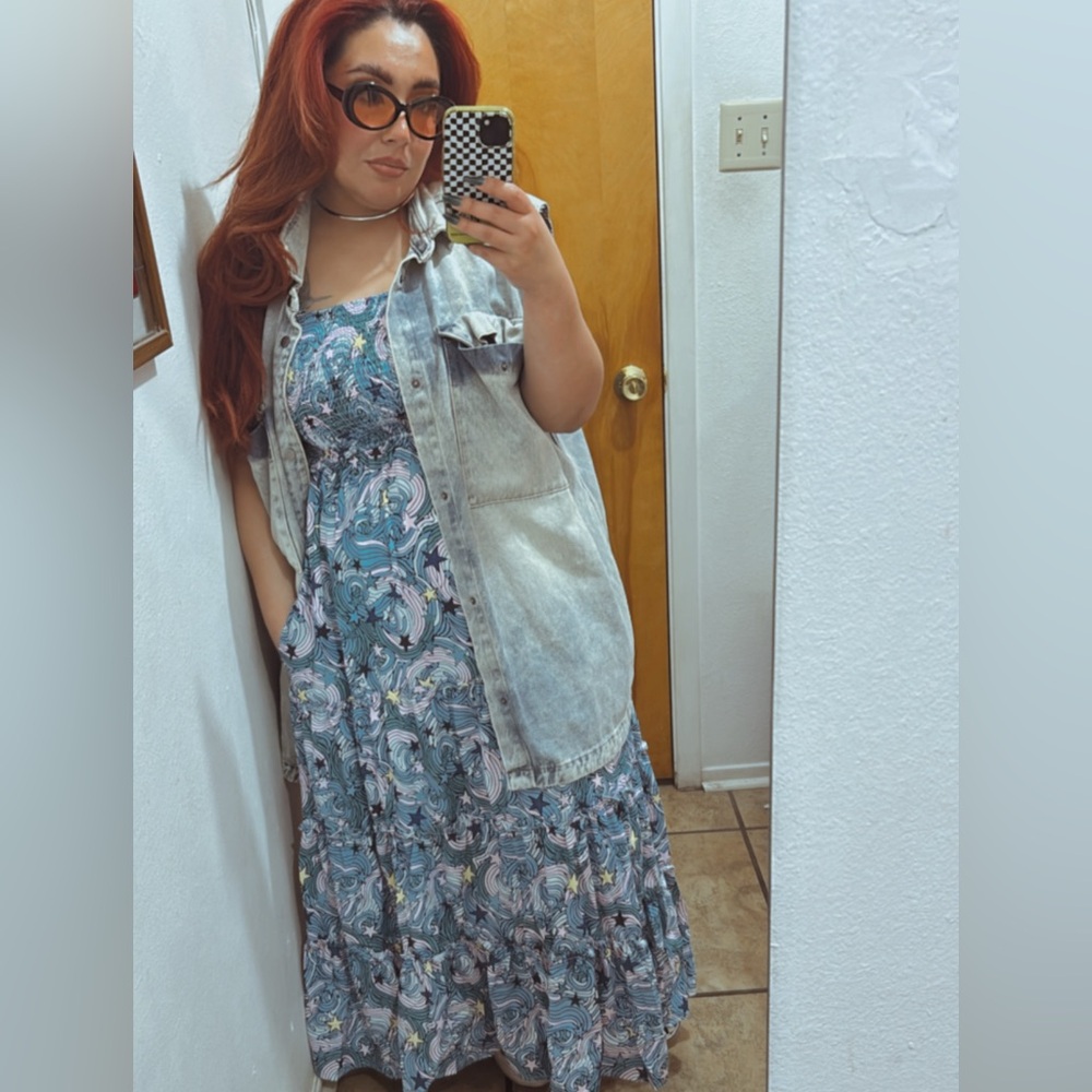 Dressed in LALA Blue Floral Maxi Dress with Denim Vest